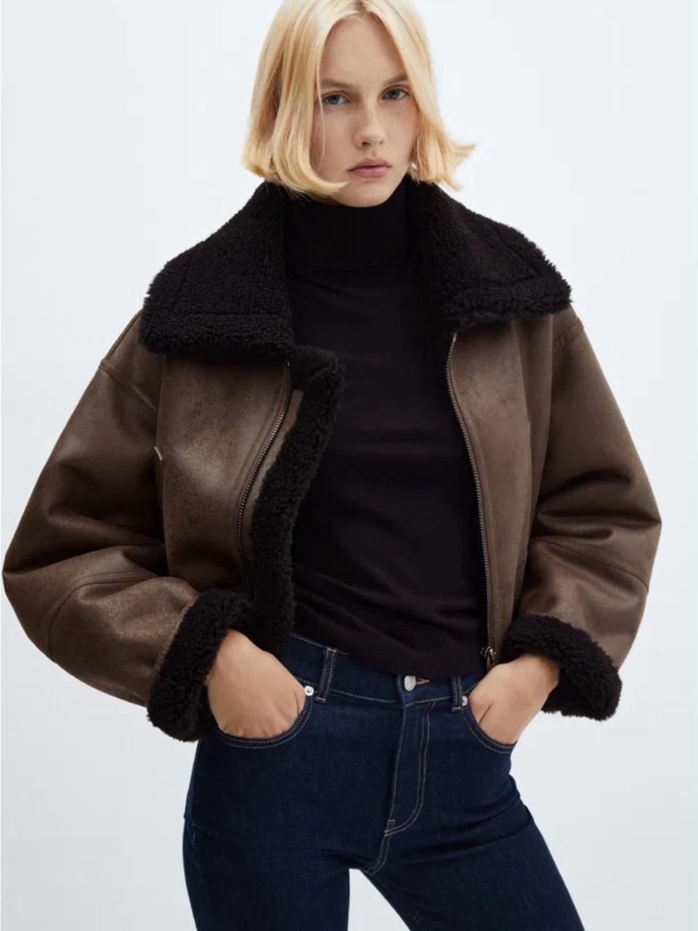 Mango Brown Faux-Shearling Aviator Jacket with Black Trim